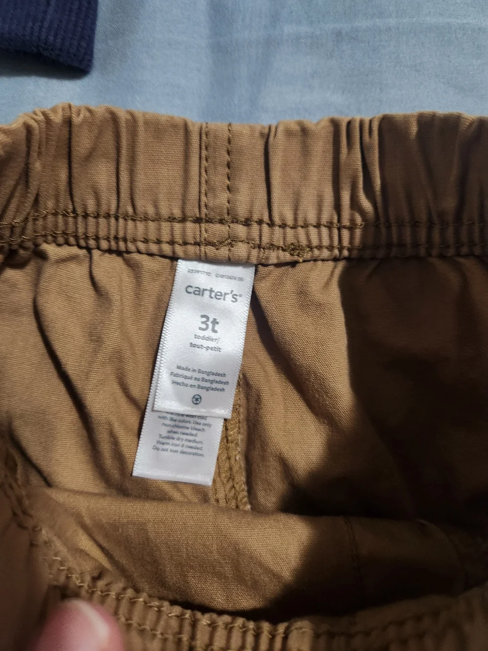 Carter's Navy Hoodie with Green Dinosaur + Blue Jeans and Tan Pants